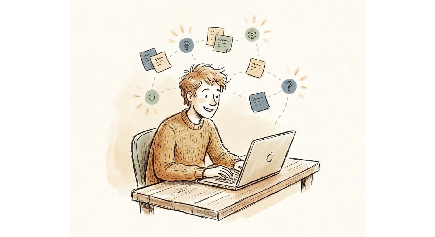 A person at a laptop recalling a decision, memory cards and a node floating nearby