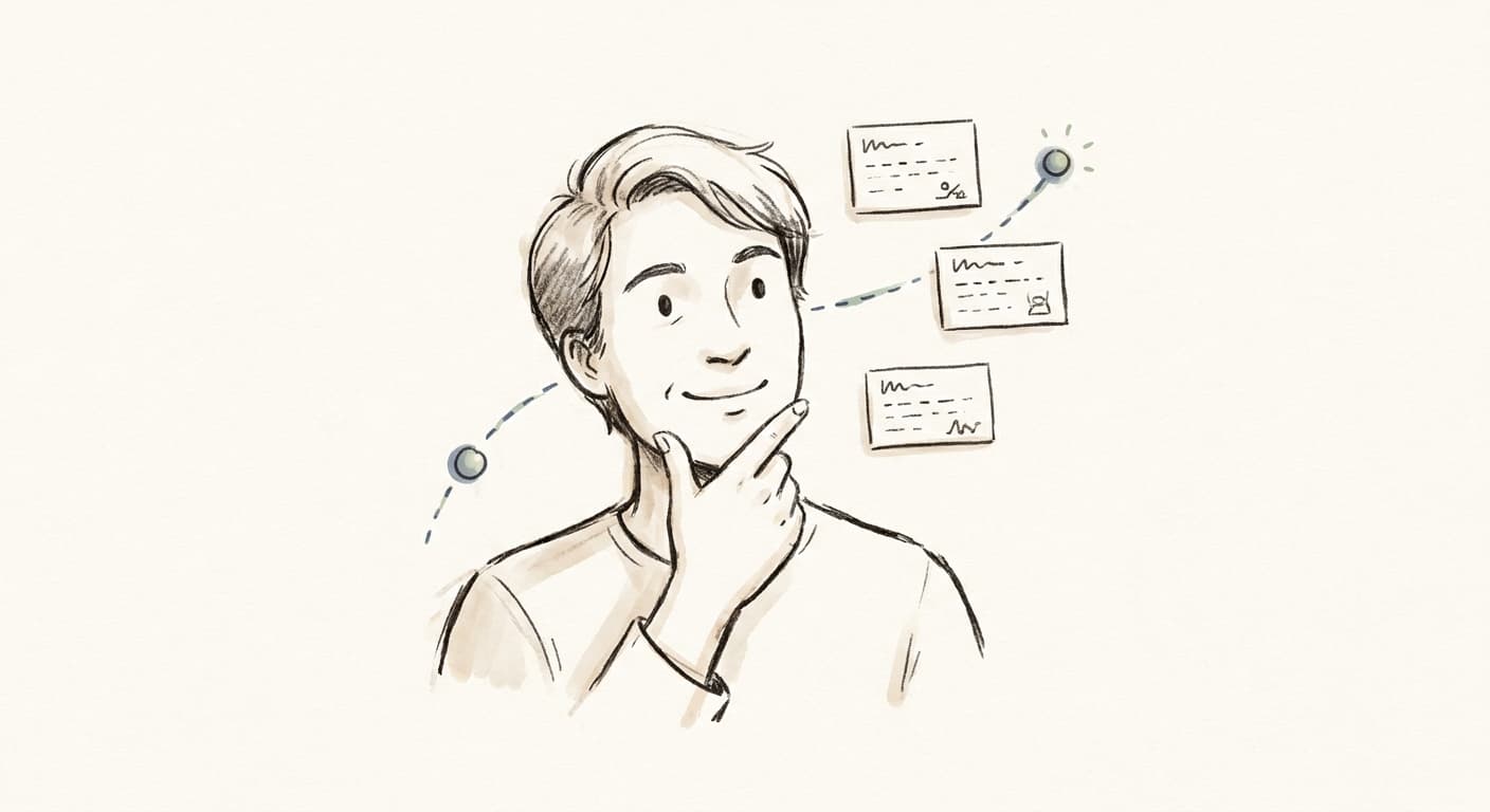 A person thinking, surrounded by scattered note-cards and a stray node