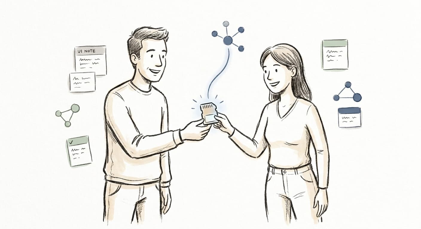 Two people passing a highlighted memory card between them